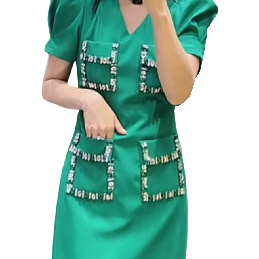 Solid Slimming Spliced Pockets Dresses for Women V Neck Short Sleeves Patchwork Bead Elegant Dress Female Clothing GREEN