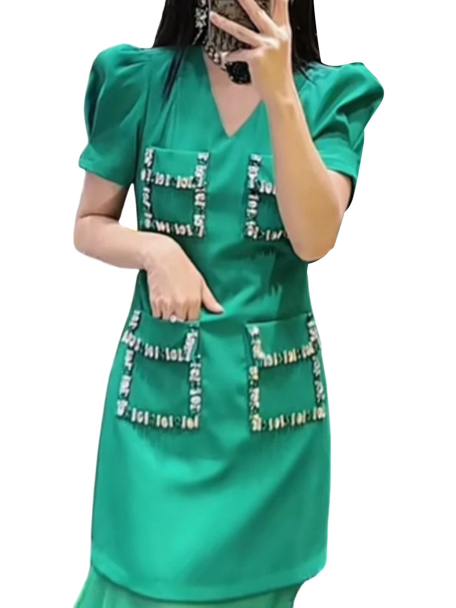 Solid Slimming Spliced Pockets Dresses for Women V Neck Short Sleeves Patchwork Bead Elegant Dress Female Clothing GREEN