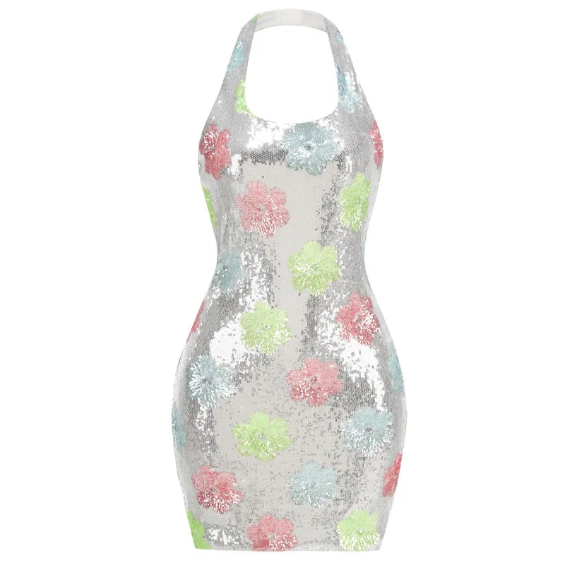 Colorful Shinning Sequins Women Sexy Halter Backless Bodycon Mini Dress Celebrate Nightclub Party Birthday Outfit Vestido