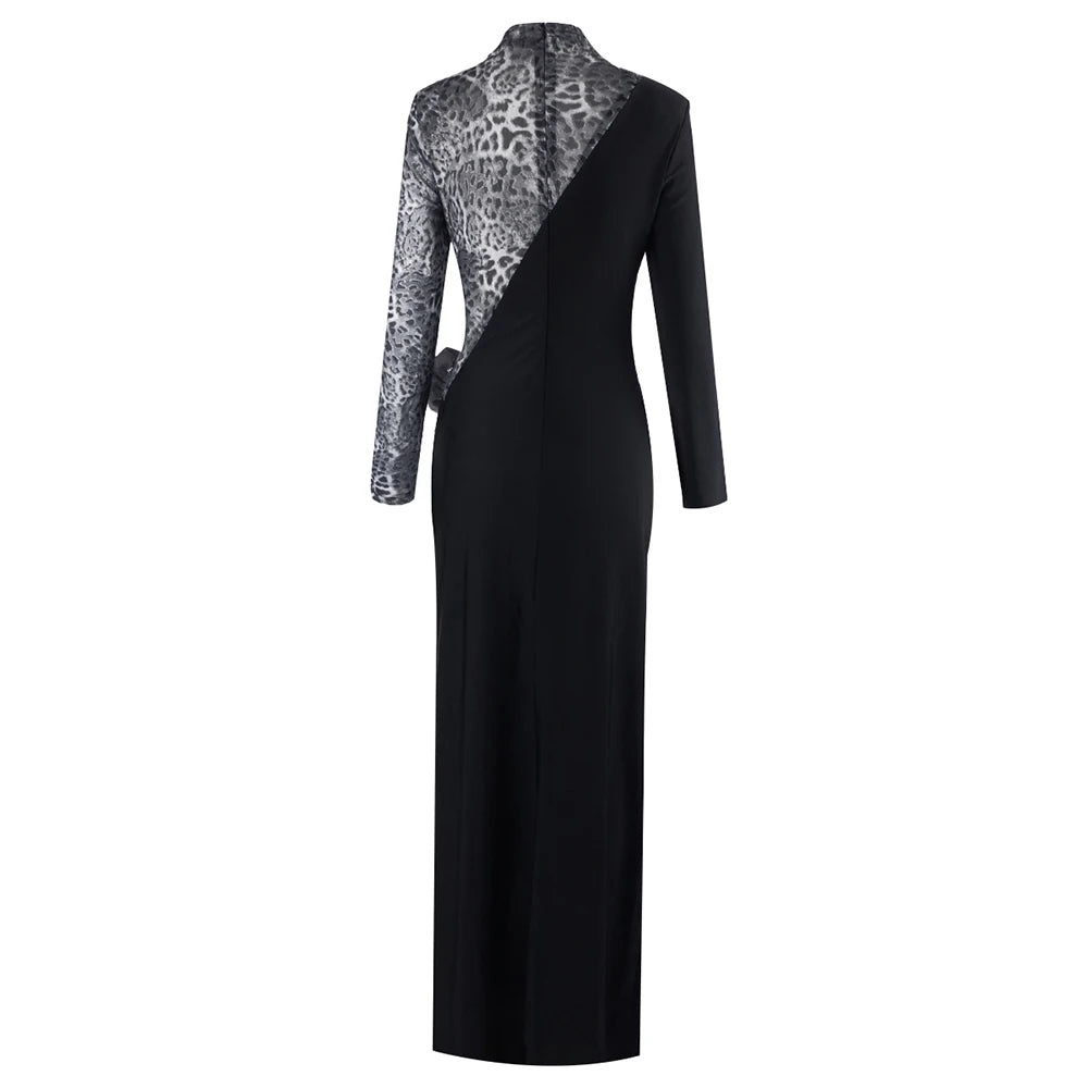 Women Fashion Long Sleeve Keyholes Florals Bodycon Long Maxi Dress Cotton Celebrate Evening Party Red Carpet Outfit