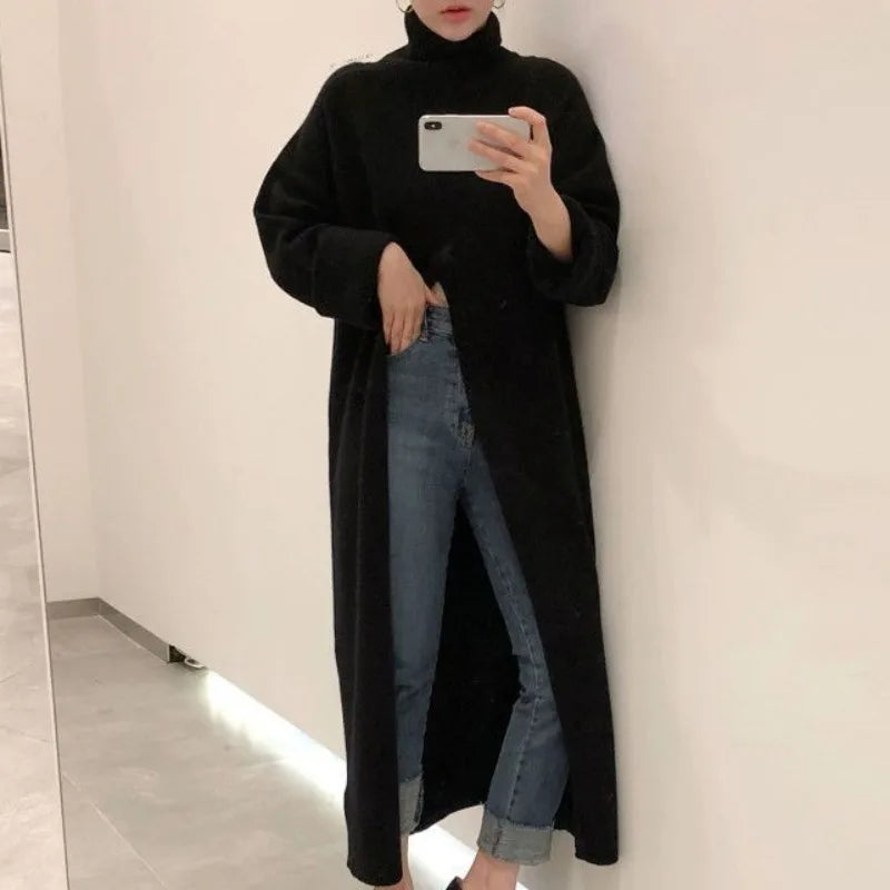 High Neck Loose Slit Long Knit Sweater Bottom Sweater Dress Vestidos De Mujer Black Knitted Robe Vintage New Korean black One Size