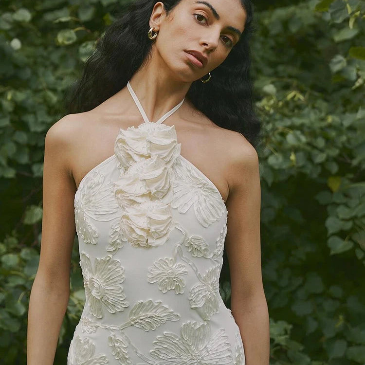 Sexy Halter Neck 3D Flowers Bodycon Long Dress Women Beige Sleeveless Lace-up Floor Length Evening Party Long Wedding Gowns