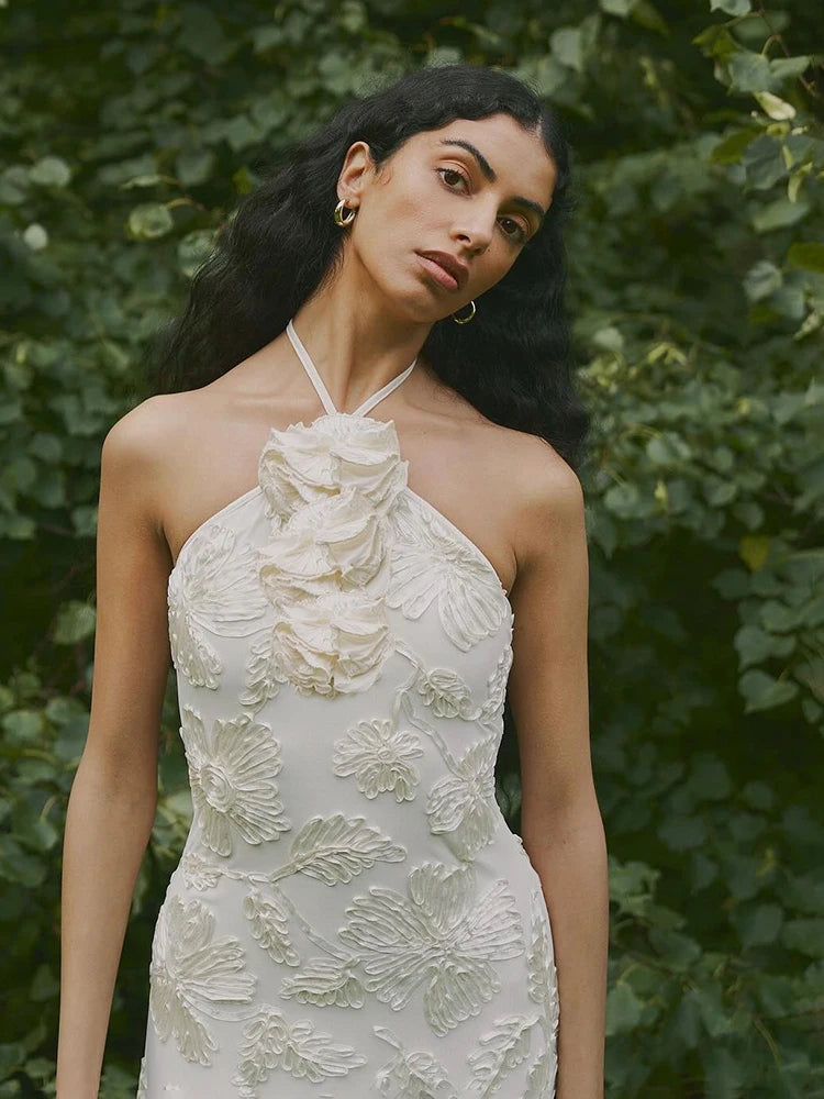 Sexy Halter Neck 3D Flowers Bodycon Long Dress Women Beige Sleeveless Lace-up Floor Length Evening Party Long Wedding Gowns