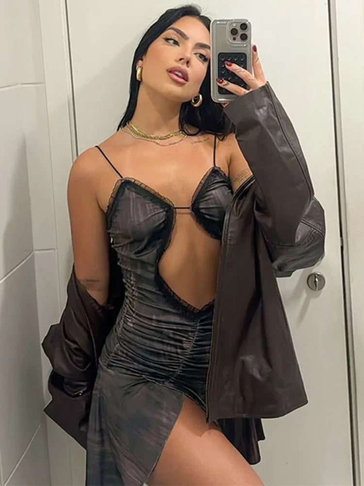 Mozision Hollow Out Spaghetti Strap Sexy Mini Dress For Women Off-shoulder Strapless Ruffled Ruched Skinny Split Dress Vestido