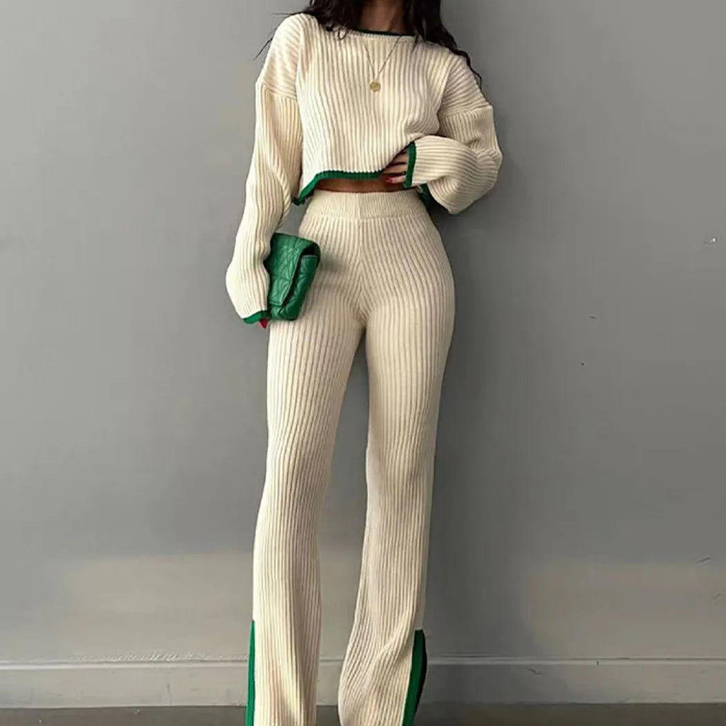 Split Women Knitted Suit O-neck Long Sleeve Cropped Sweater Elastic High Waist Winter 2 Pieces Set For Women 2024 Casual Outfits