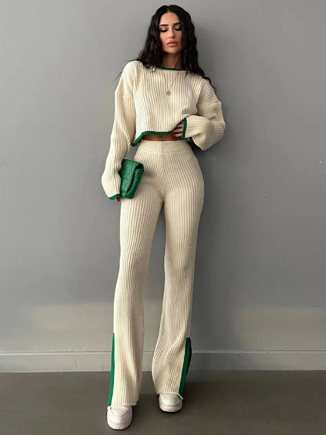 Split Women Knitted Suit O-neck Long Sleeve Cropped Sweater Elastic High Waist Winter 2 Pieces Set For Women 2024 Casual Outfits