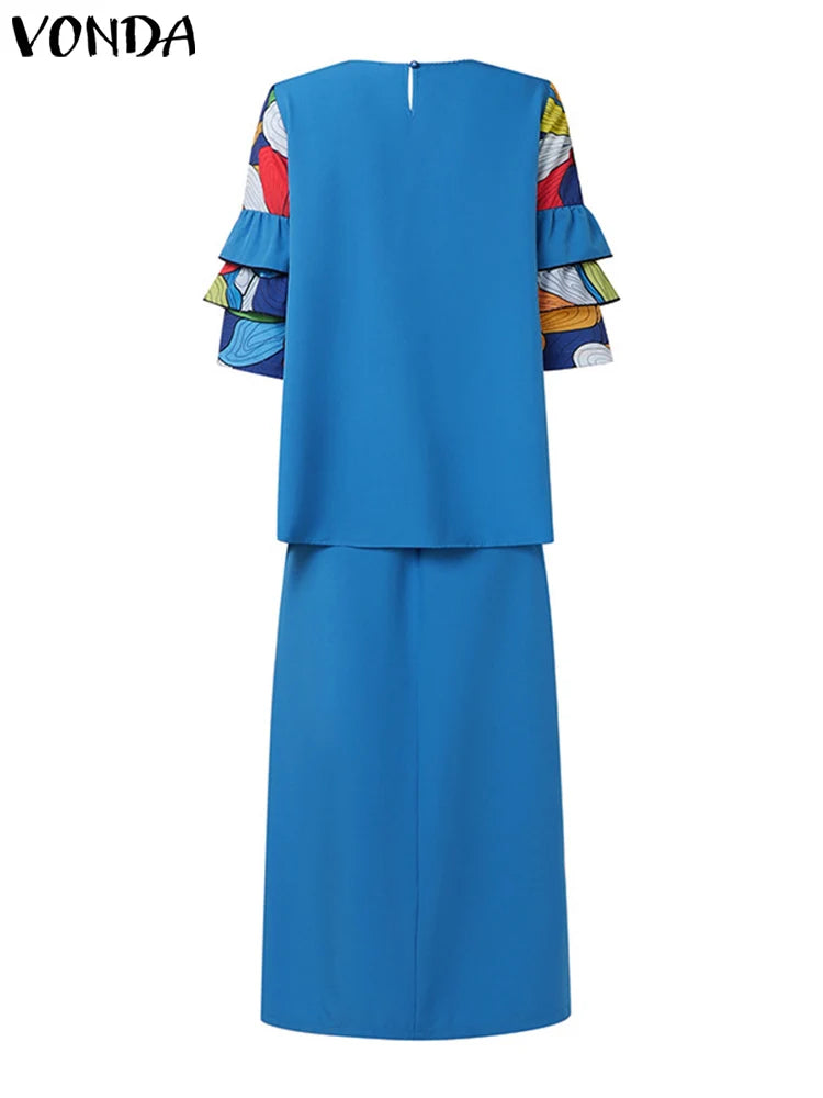 Plus Size 5XL VONDA Women Sets Vintage Dress Suits Fashion Flare Sleeve Floral Printed Tops And A Line Skirts 2025 Matching Sets