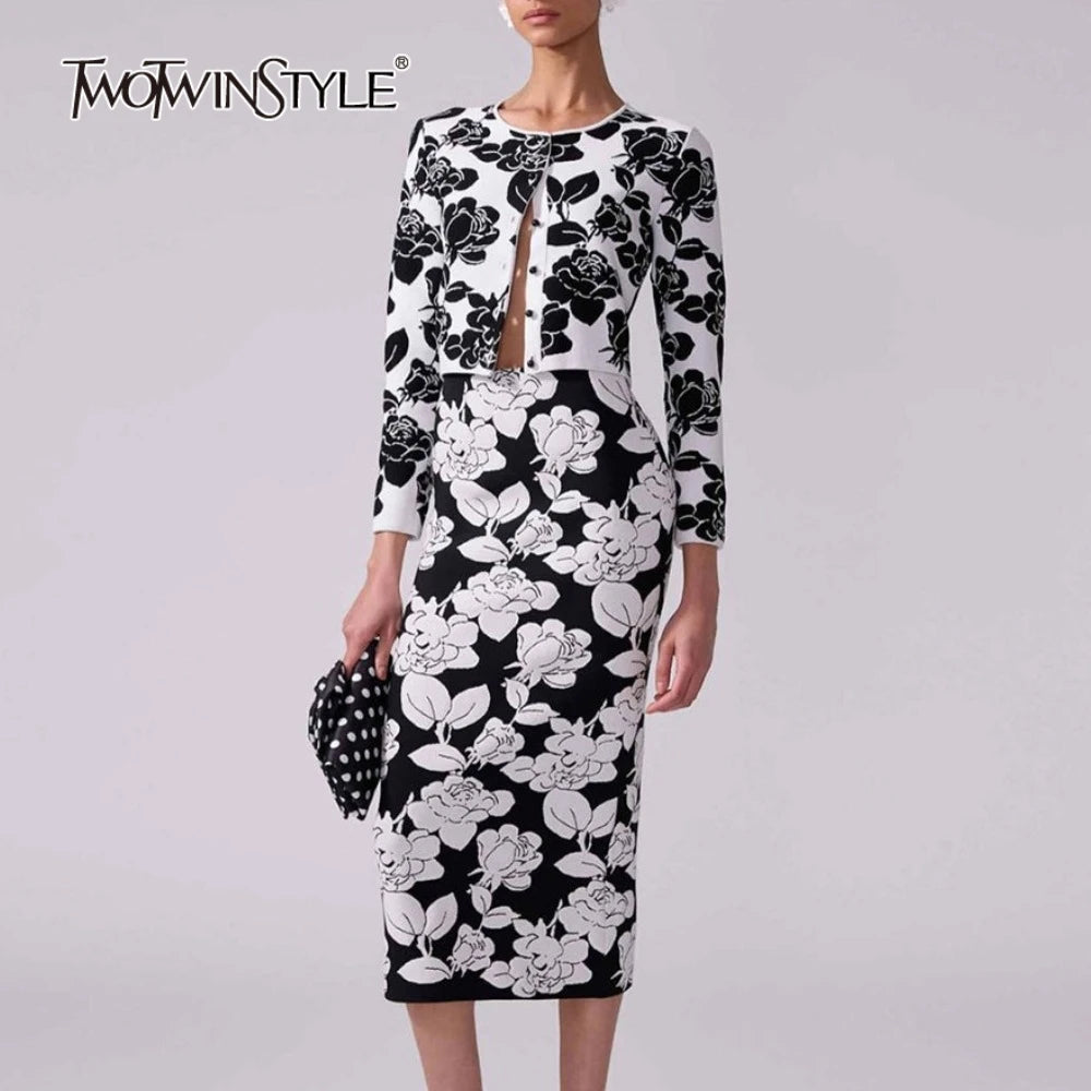 Hit Color Printing Two Piece Sets for Women Round Neck Long Sleeve Patchwork Button Top High Waist Skirt Set Female