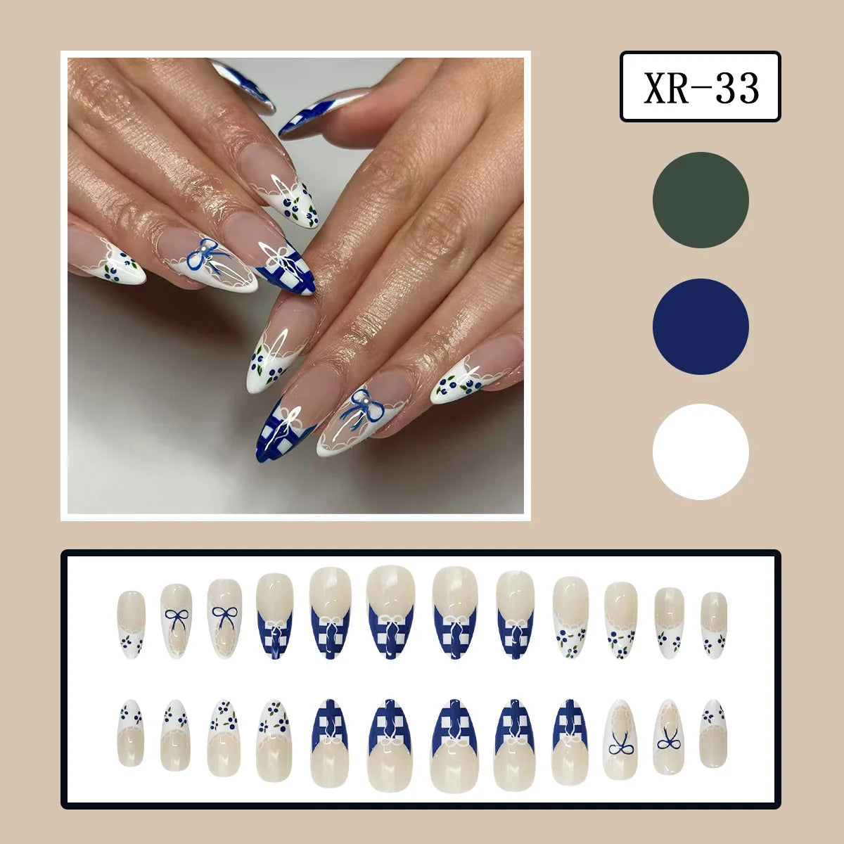 24pcs 3D Carved Petal Decor False Nails Gradient Blue Almond Fake Nails Tips Wearable Detachable Spice Girl Press on Nails 3
