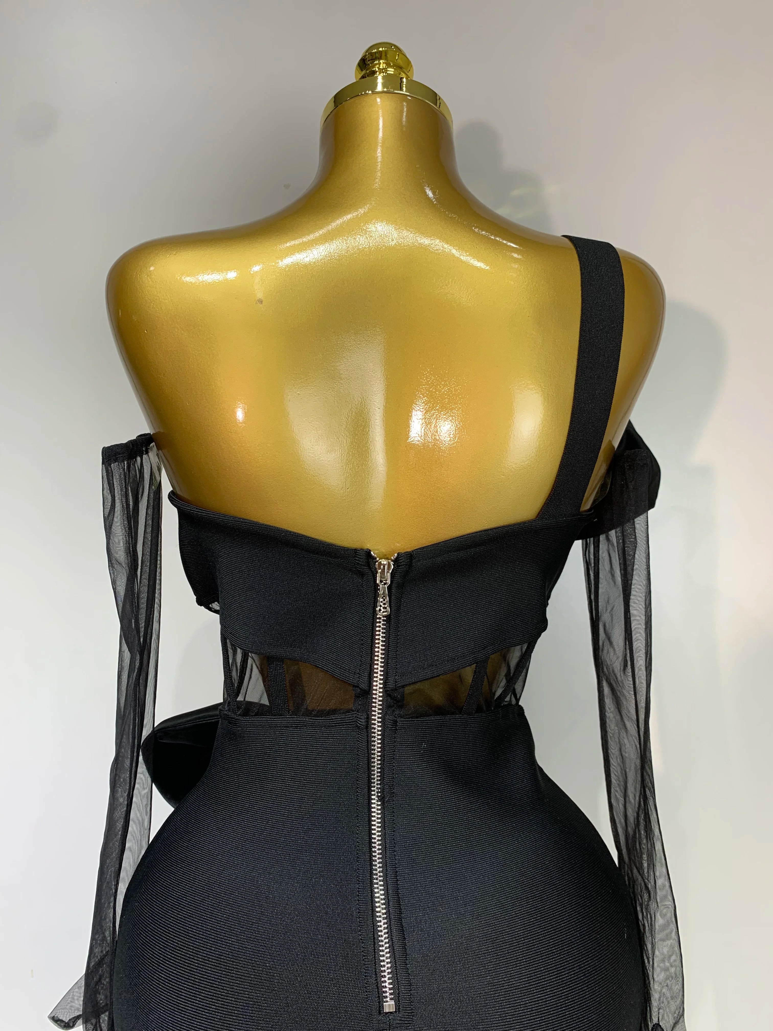 Women Sexy One Shoulder Bow Mesh See Through Bandage Bodycon Dress With Gloves Black Sleeveless Elegant Party Birthday Dresses