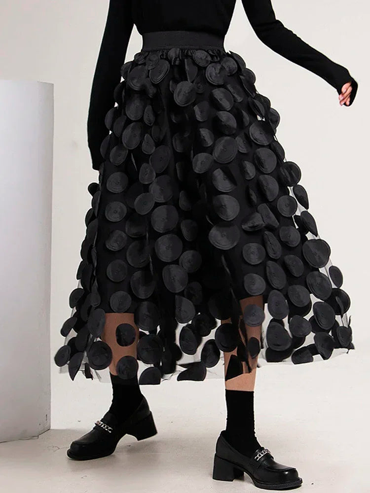 S-3XL Retro Goth 3D Design Polka Dot Tulle Mesh Skirts Womens Spring Summer High Waist Elastic Midi Long Tutu Skirts Female