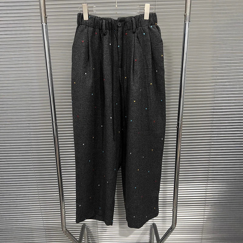 Autumn Winter New Style Colorful Embroidered Loose Elastic Waist Casual Pants For Women Straight Trousers 11A07814 Dark Gray