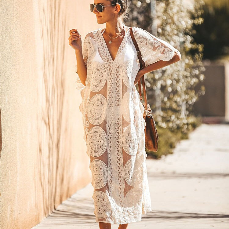 Sexy Kaftan Beach Pareo Beachwear Swim Suit Cover-ups Playa Pareo Beach Tunic See-through Default Title