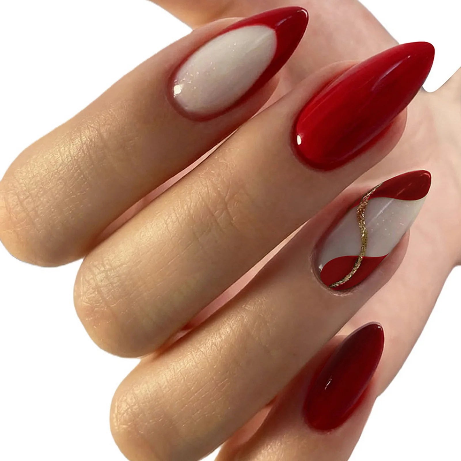 24Pcs Almond Fake Nails Women Girls New Year Party Press On Nails Red/Brown/Orange French False Nails DIY Charm Manicure Y 1