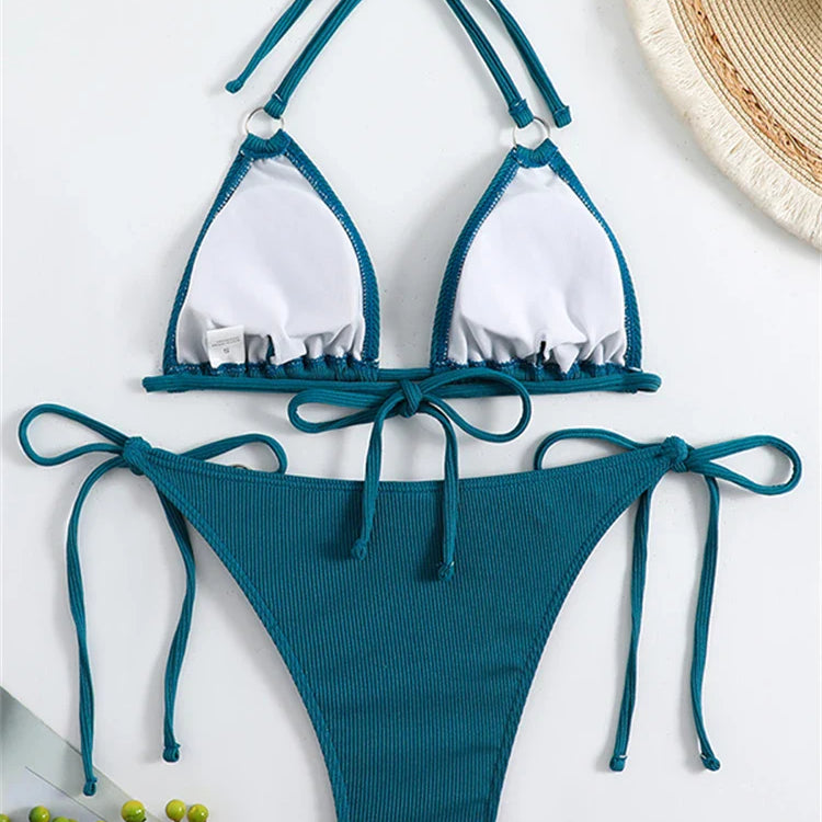 Bikini Women Swimsuit New Solid Ribbed Halter Bikinis Set Sexy Lace Up Swimwear Summer Two Piece Beach Bathing Suit Female