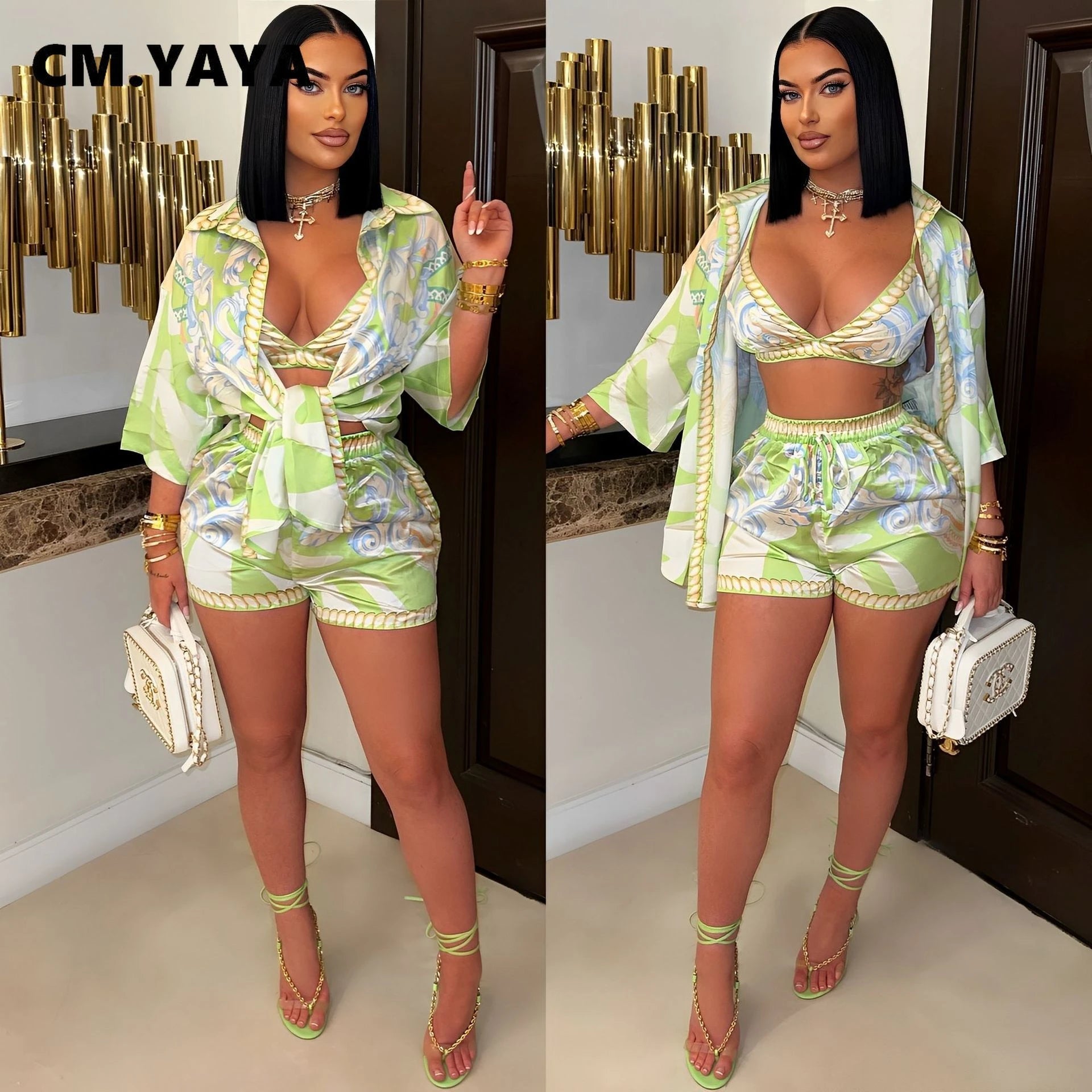 Paisley Printed Women's Set Three Quarter Sleeve Blouse + Bra Top and Shorts 2025 Beach 3- Piece Sets Outfit Tracksuits