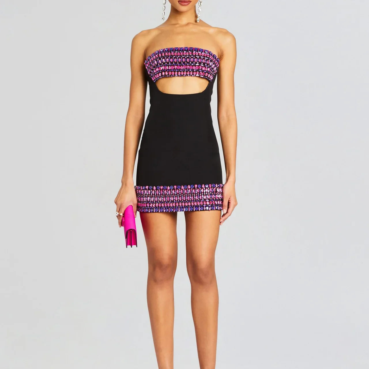 Sparkly Crystal Women Sexy Strapless Bodycon Mini Bandage Dress Keyhole Nightclub Party Celebrate Birthday Dress Vestido black