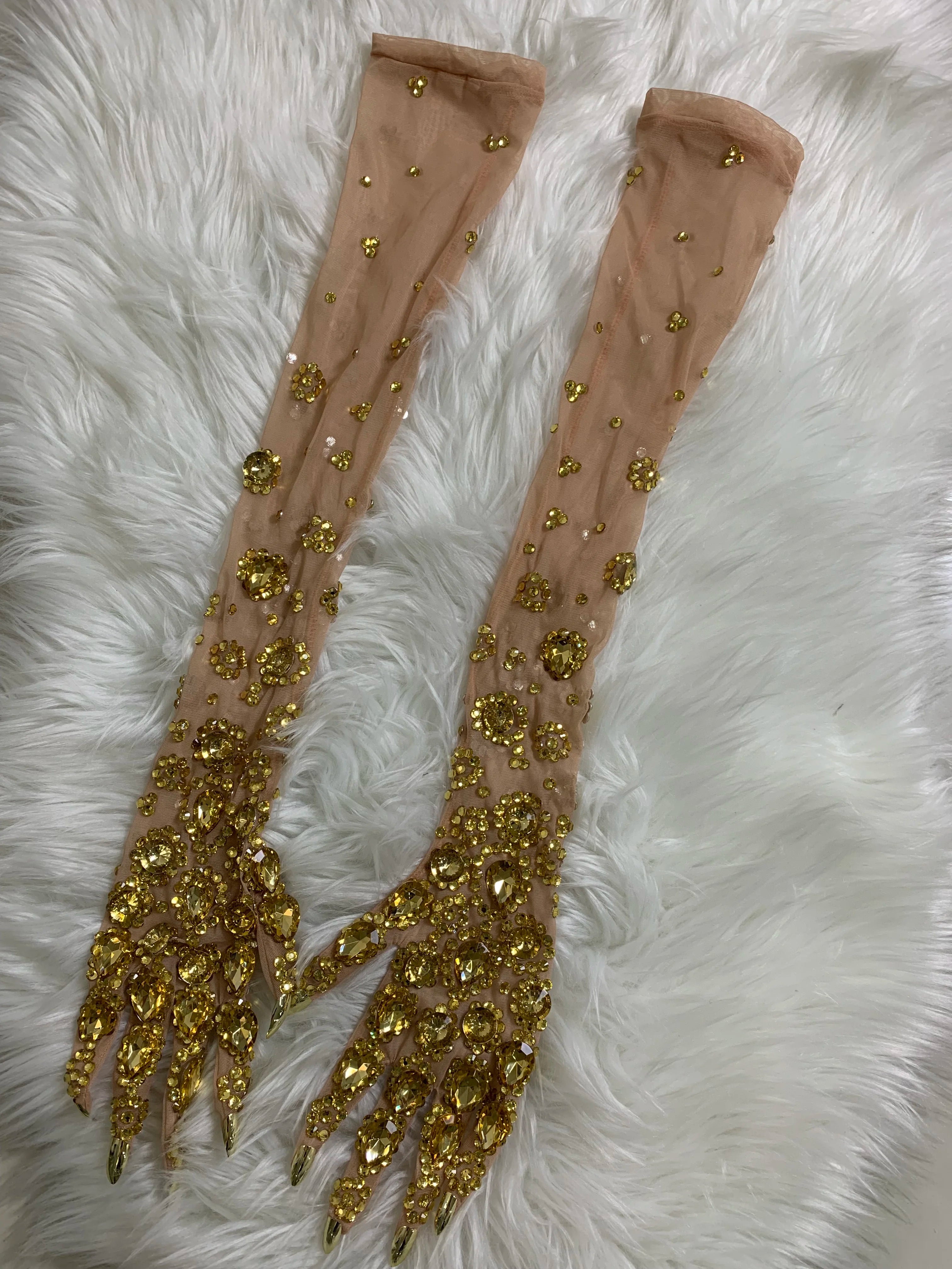 Women Sexy Luxury Gold Rhinestones Mesh Long Gloves Dancer Singer Nightclub Stage Party Show Accessories Sparkly Decoration