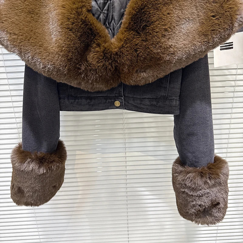 Winter New Fashion Street Style Sailor Collar Faux Fur Quilted Denim Short Coat For Women High Waist Jacket 11A07450