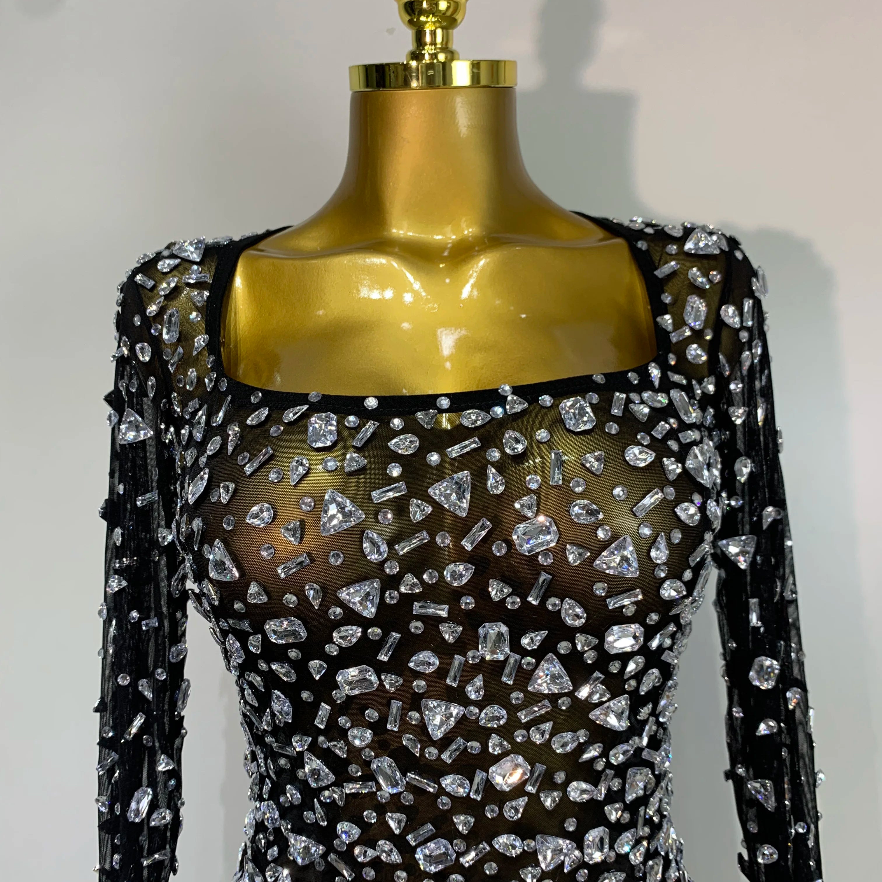 Sparkly Rhinestone Sexy Transparent Mini Dress Celebrity Evening Party Prom Birthday Photo Shoot Nightclub Stage Costume