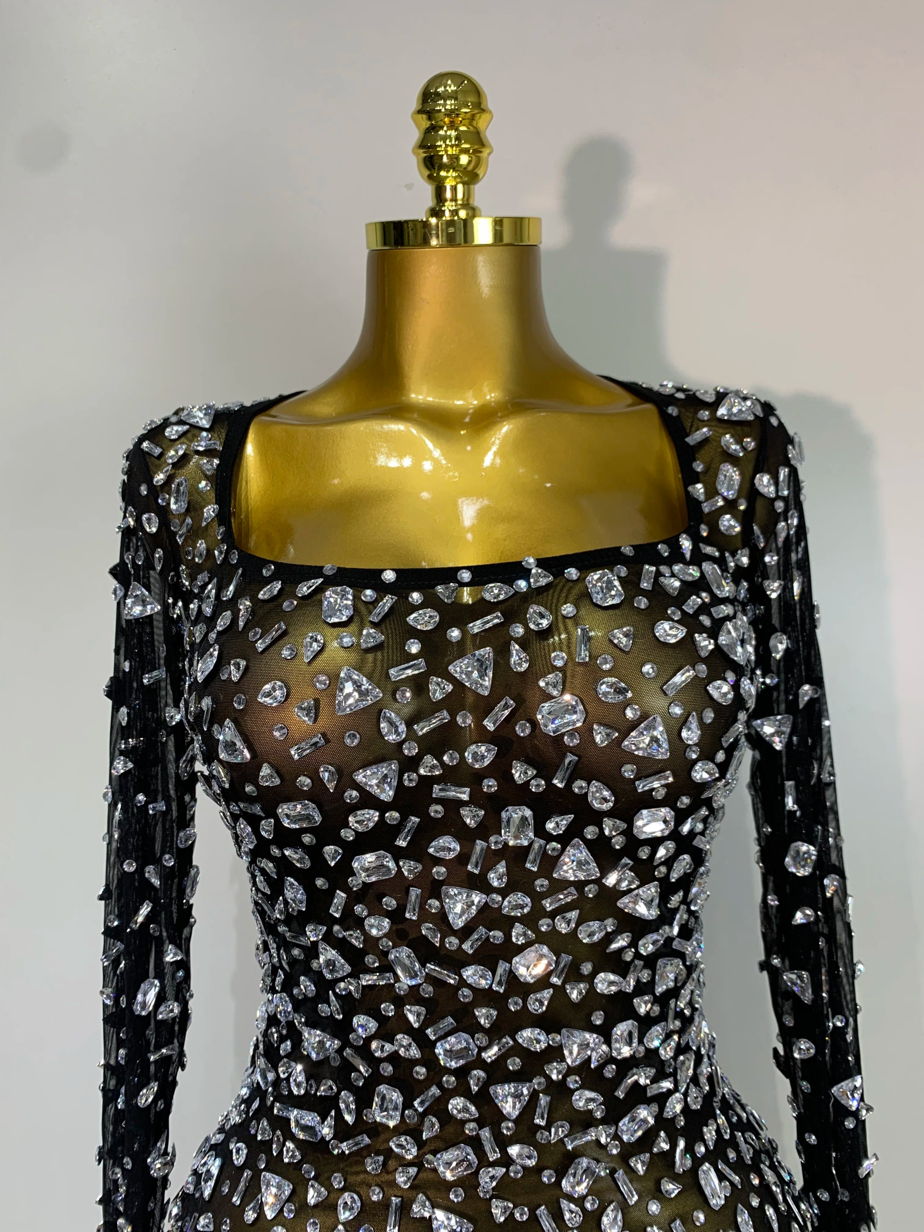 Sparkly Rhinestone Sexy Transparent Mini Dress Celebrity Evening Party Prom Birthday Photo Shoot Nightclub Stage Costume