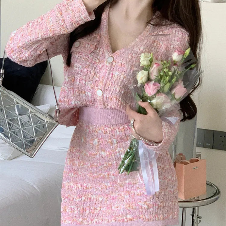 Two Piece Dress Set Sweet Cardigan Sweater + Slim Skirt Pink Elegant Y2k Mini Dress 2022 Autumn Office Lady Casual Knitted Suits