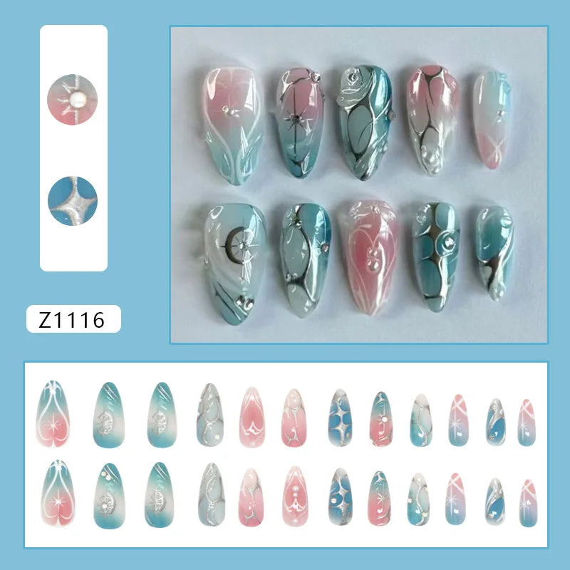 24pcs Ins Almond Press on Nails Gothic Sliver Metal Line y2k Fake Nails Detachable Wearable Sweet Cool Spicy Girl False Nails 1