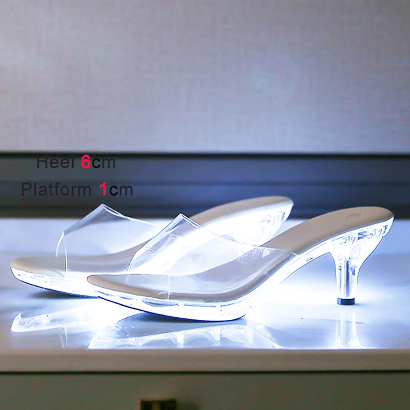 6CM Women's Kitten Heels LED Light Sandals Nightclub Slim Heel Transparent Crystal Car Model Shining High Clear Beach Slippers slippers