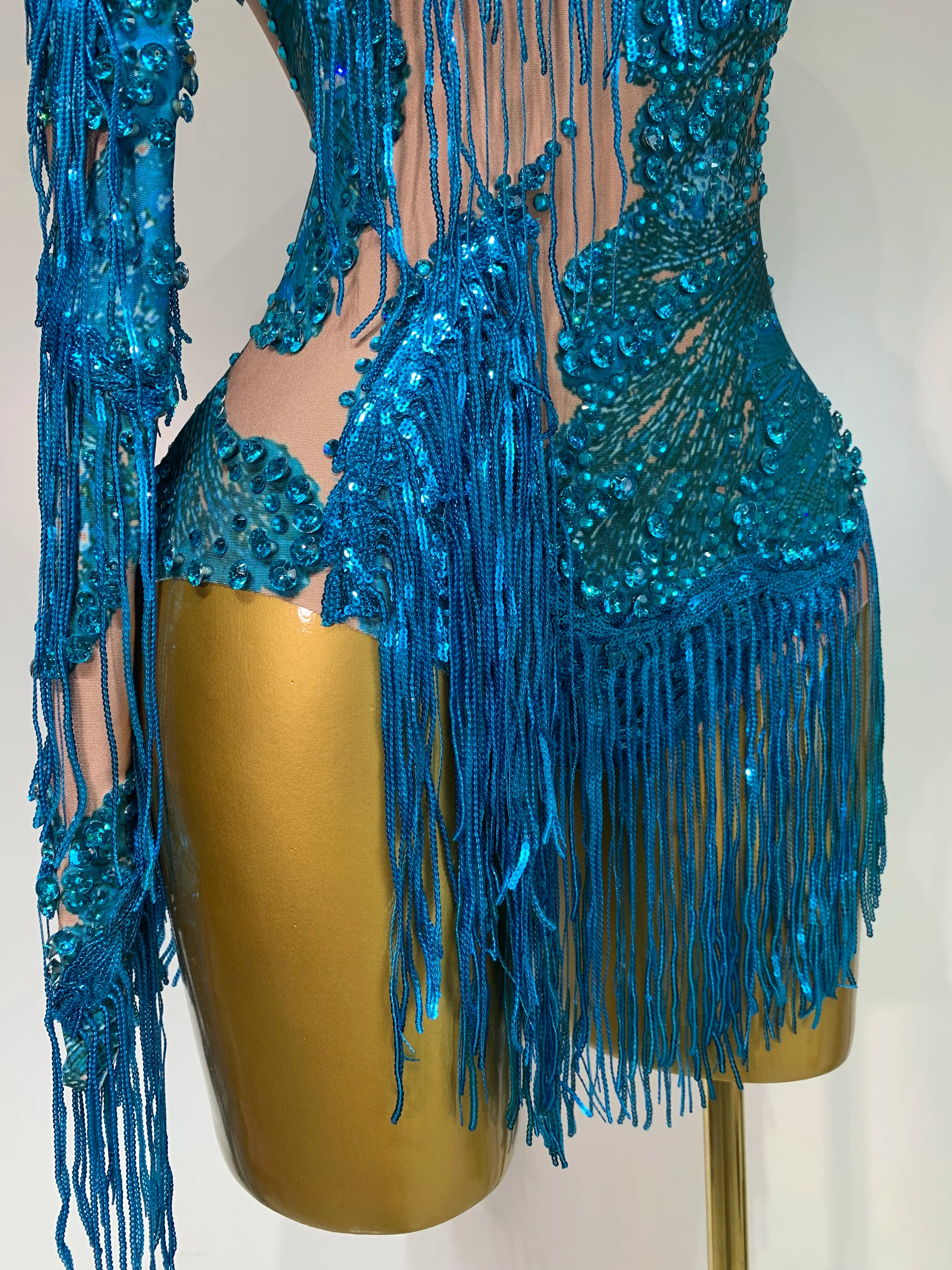 Sexy Sparkly Purple Rhinestones Tassel One Shoulder Sleeve Mini Dress Evening Party Birthday Nightclub Stage Performance Outfit