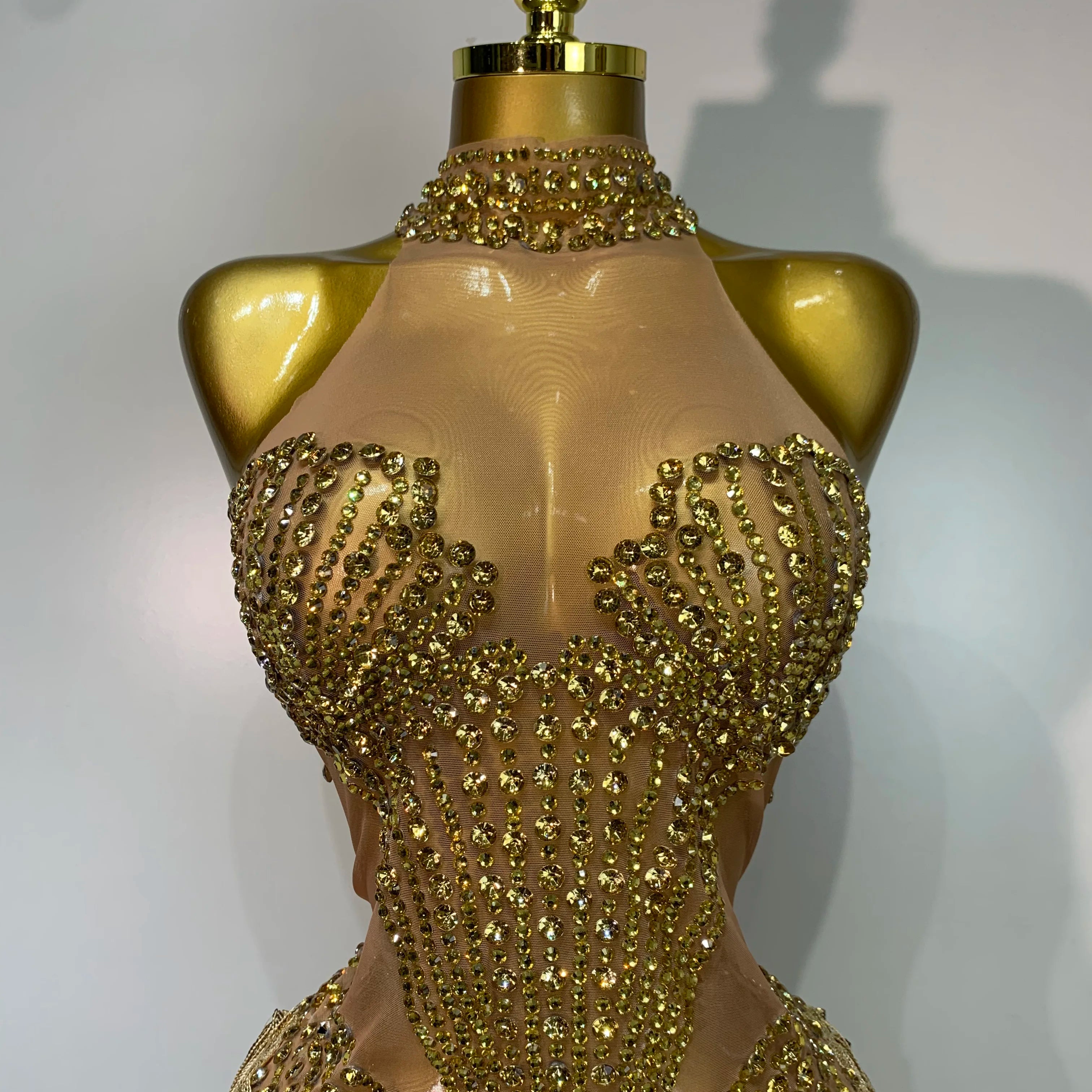 Women Sparkly Rhinestones Pearls Tassel Sexy Mesh See Through Dress Latin Dance Outfits Bar Nightclub Party Stage Costume