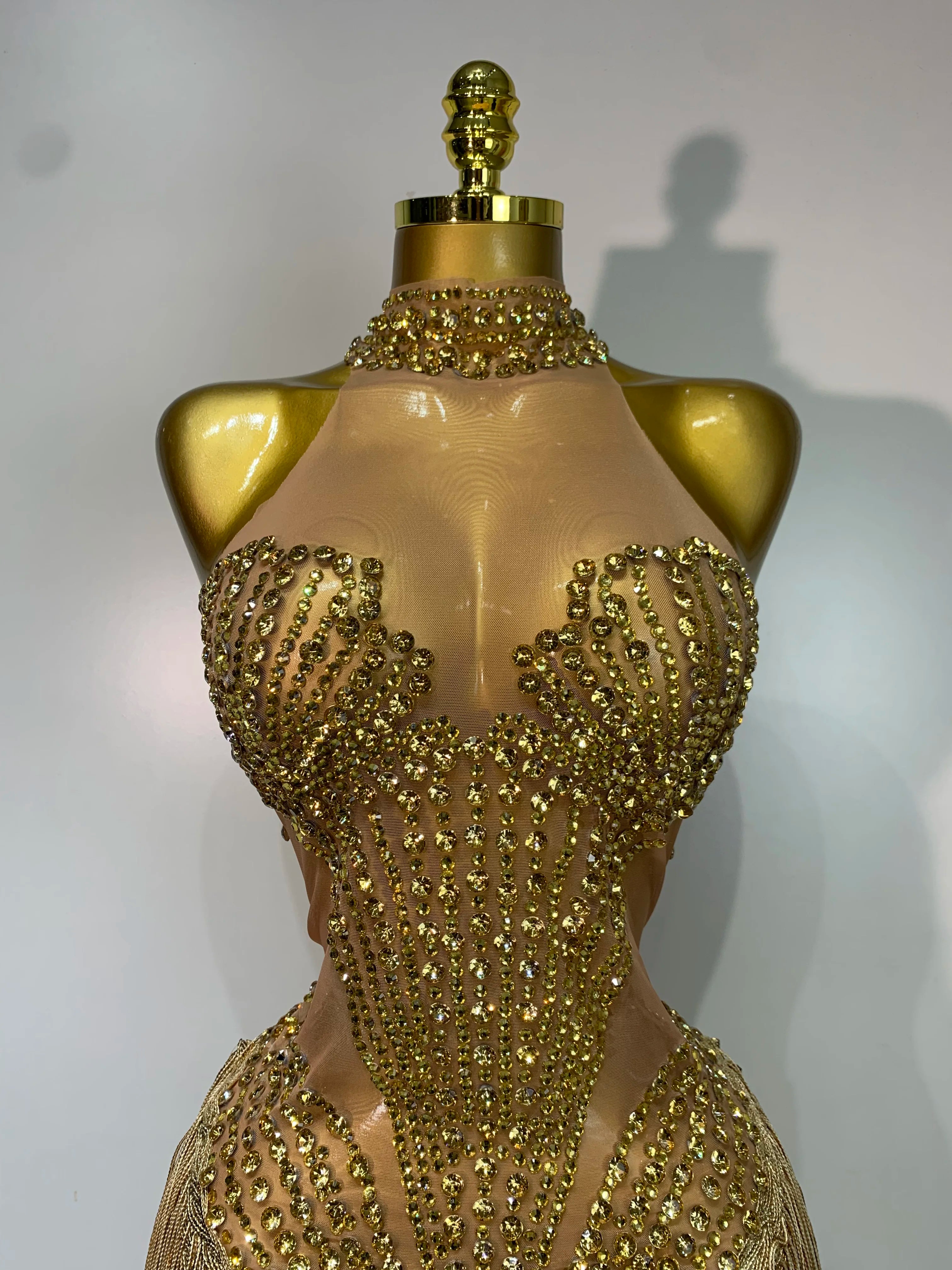 Women Sparkly Rhinestones Pearls Tassel Sexy Mesh See Through Dress Latin Dance Outfits Bar Nightclub Party Stage Costume