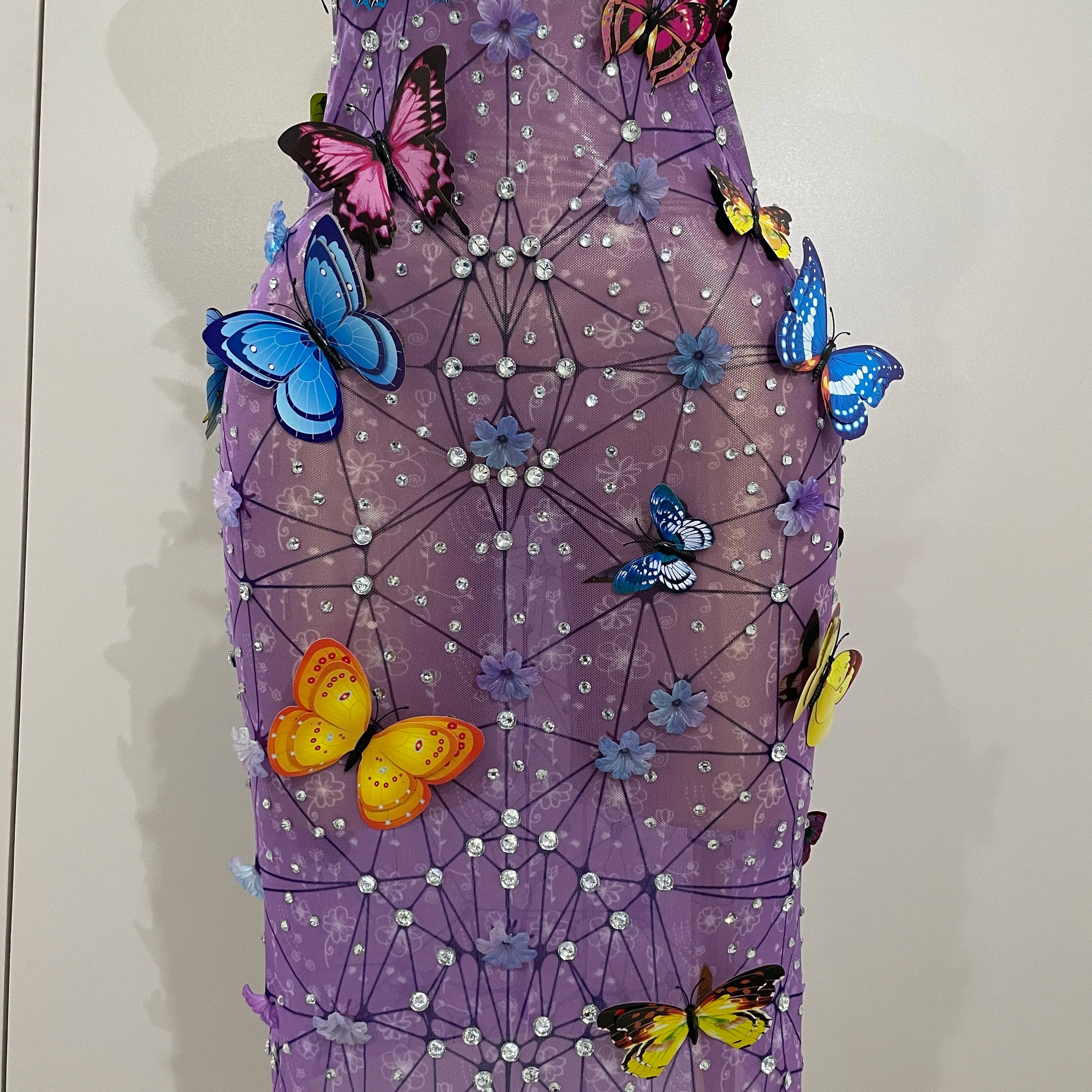 Women Celebrity Luxury Birthday Nightclub Stage Outfit 2025 Sparkly Butterfly Purple Sexy Mesh See Through Dress