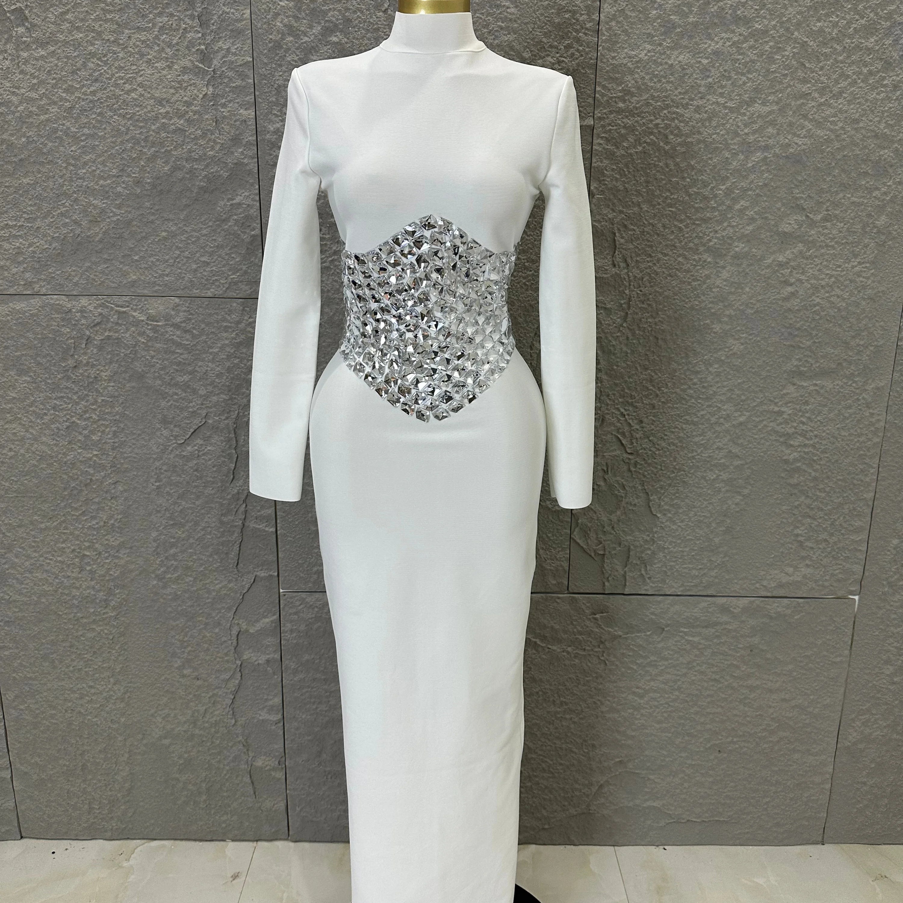 2026 White High Neck Maxi Dress Women Sexy Long Sleeve Full Crystal Waist Embellished Form-Fitting Outfit Cocktail Party Costume
