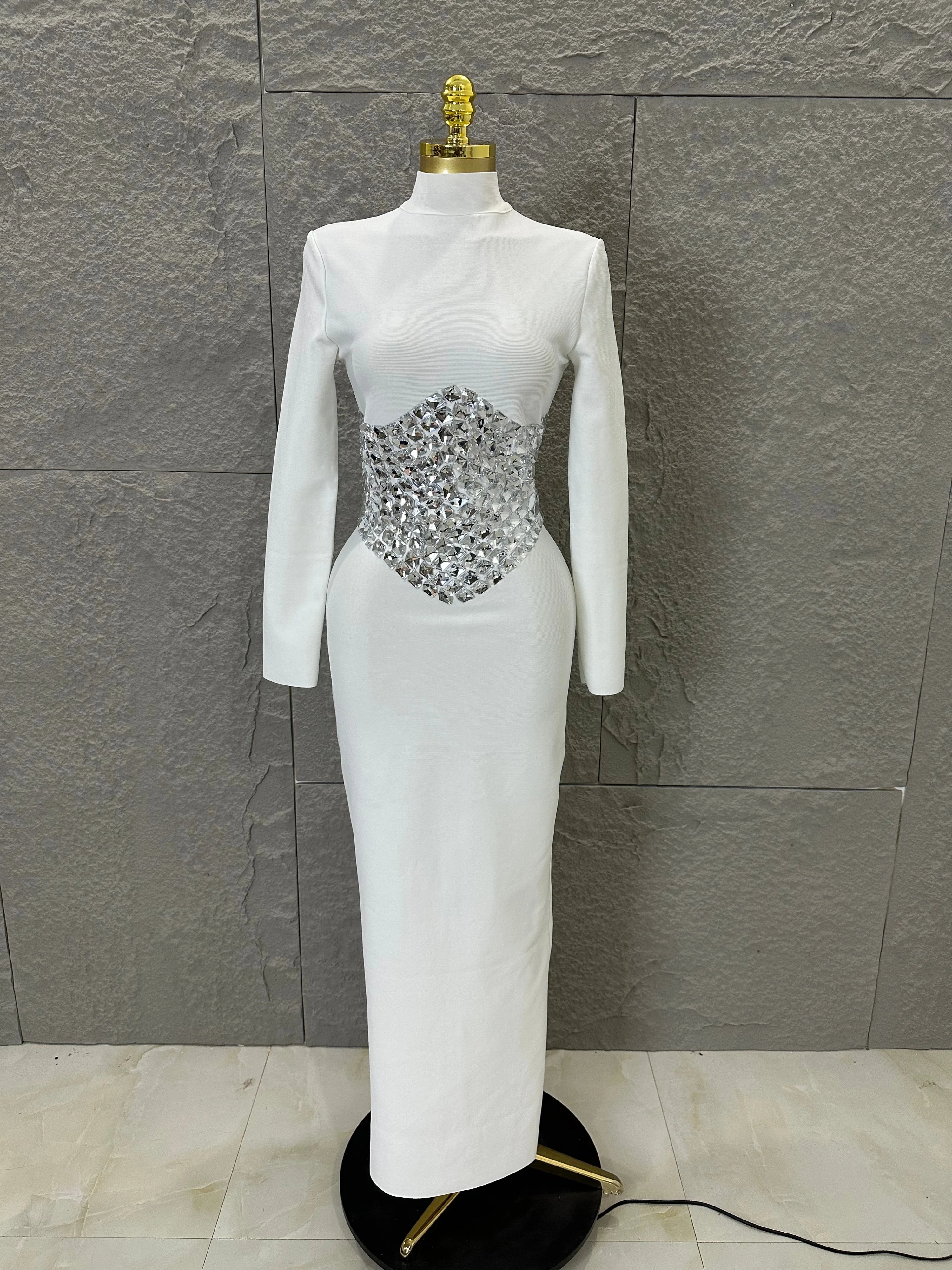 2026 White High Neck Maxi Dress Women Sexy Long Sleeve Full Crystal Waist Embellished Form-Fitting Outfit Cocktail Party Costume