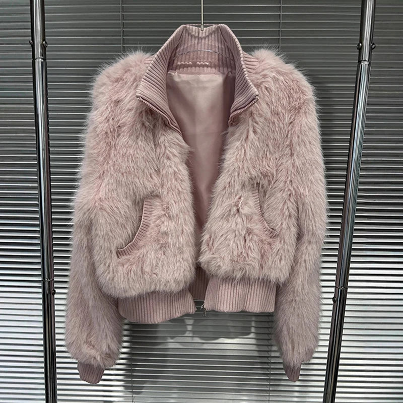 Autumn Winter New Fashion Versatile Stand Collar Faux Fur Short Jacket For Women Sweet High Waist Coat Female 11A07634 Pink