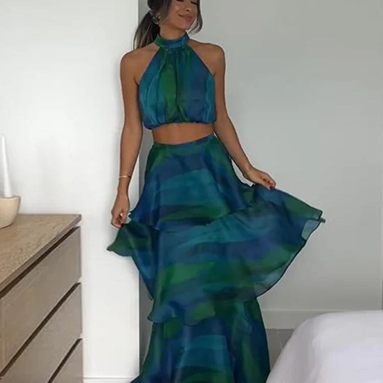 Printed Halter Top & Ruffles Dresses Waist Patchwork Fashion Crop Pullover Long Skirts Spring Summer Holiday Dress Bohe