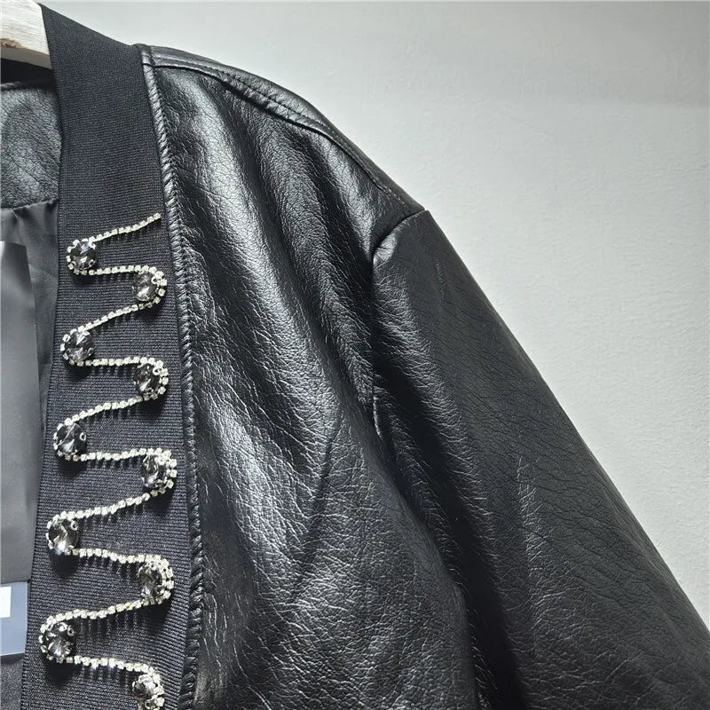 Autumn Winter Fashion V-Neck PU Leather Heavy Beading Design Pleated Coat For Women High Street Jacket Trendy 11A07727