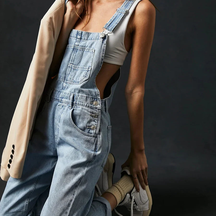 Women Vintage Retro Denim Long Jumpsuit Casual Spaghetti Strap Straight Romper Suspender Pants Summer Baggy Bib Loose Overalls