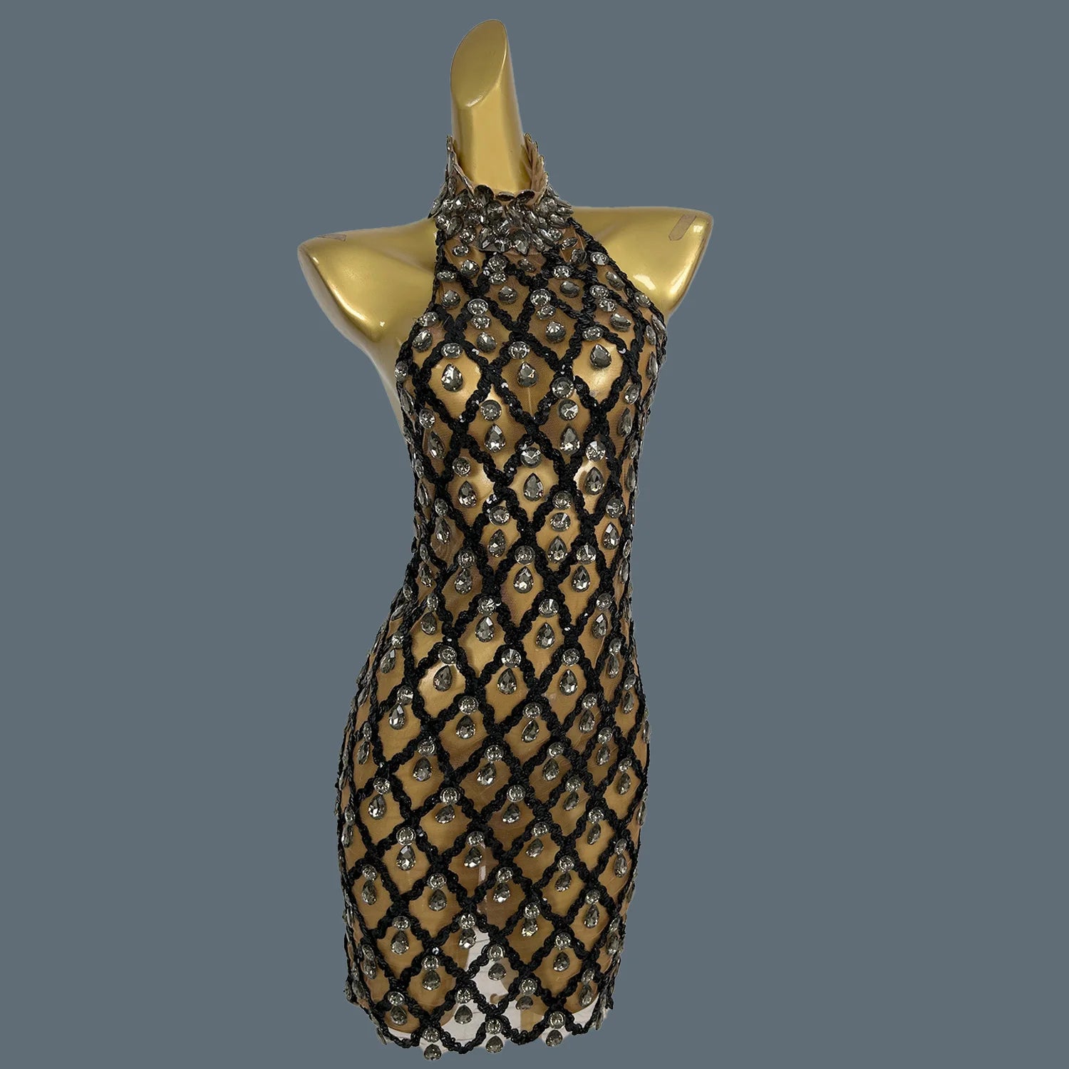 Sparkly Sequins Crystals Summer Mini Dress Sexy Sleeveless See Through Mesh Women Party Dress Event Singer Show Wear Shaokaojia black One Size