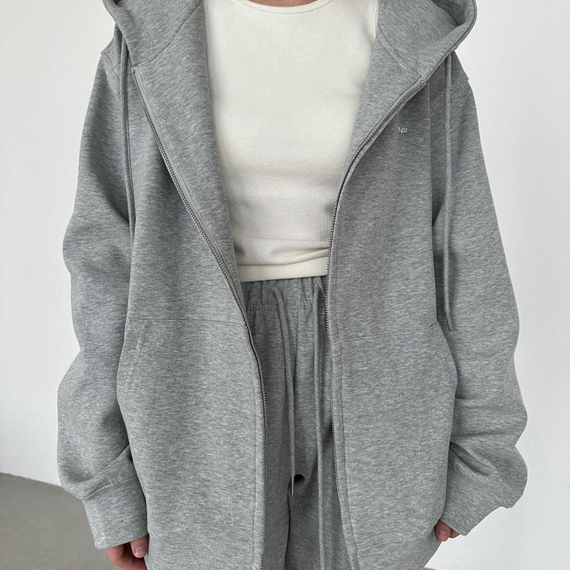 WOTWOY Causal Fleece Hooded Sweatshirts and Pants 2 Piece Sets Womens Outfits Autumn Winter Sweatpants Female Grey Pullovers 23113-gray-top
