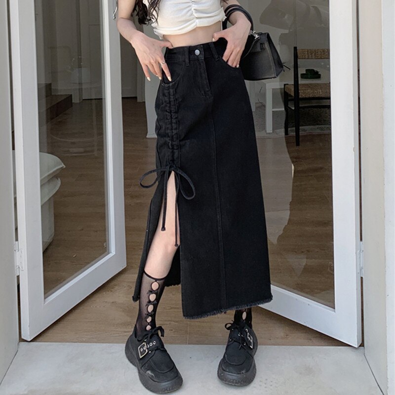 S-5XL Women Denim Skirt Spring Summer 2024 Fashion Casual Medium-long Package hip Irregular hem Slim Waist Skirts Jeans Female Black