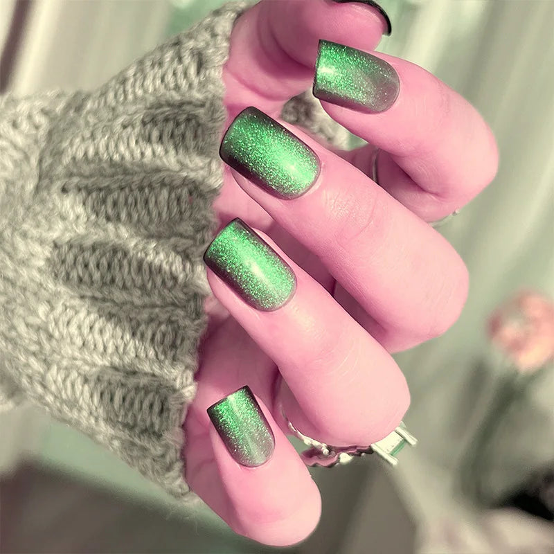 24pcs/set cat eyes fake nails for women girls red brown green blue grey sparkling short tips faux ongles press on false nail JP1314