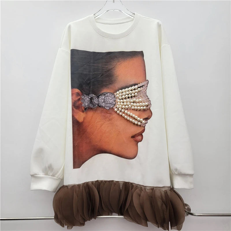 Autumn New Design Long Sleeve Loose Printed Mesh Lace Sweatshirt For Women Versatile Casual Pullover Trend 11A07706 White One Size