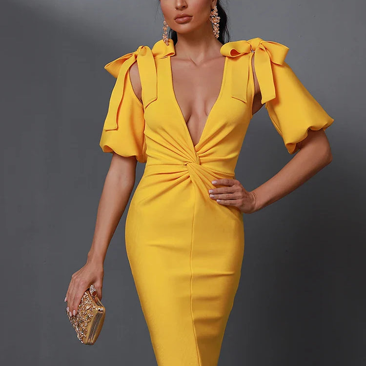 Yellow Bandage Dress Women Sexy Party Dress Bodycon Elegant Draped Deep v Neck Birthday Evening Club Outfits Summer 2023 Yellow