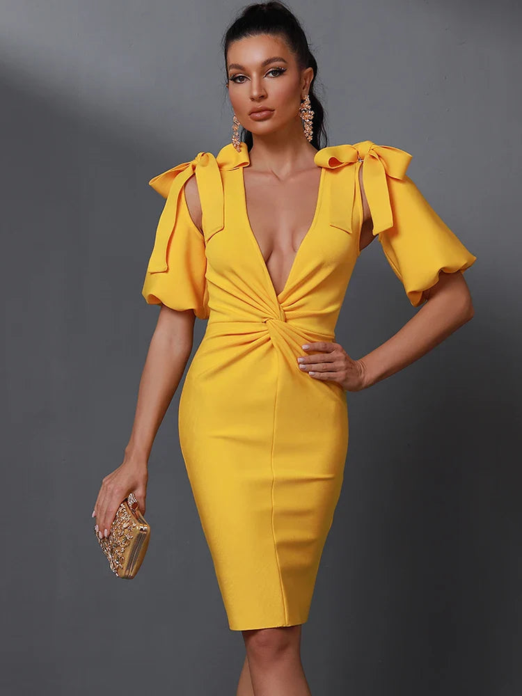 Yellow Bandage Dress Women Sexy Party Dress Bodycon Elegant Draped Deep v Neck Birthday Evening Club Outfits Summer 2023 Yellow
