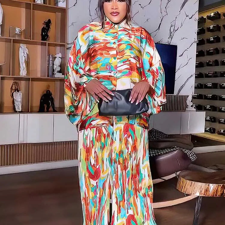 African 2 Piece Sets Women Outfit Loose Casual Long Top Shirt and Pant Set Autumn Plus Size Matching Sets Pleated Trouser Suit Orange One Size