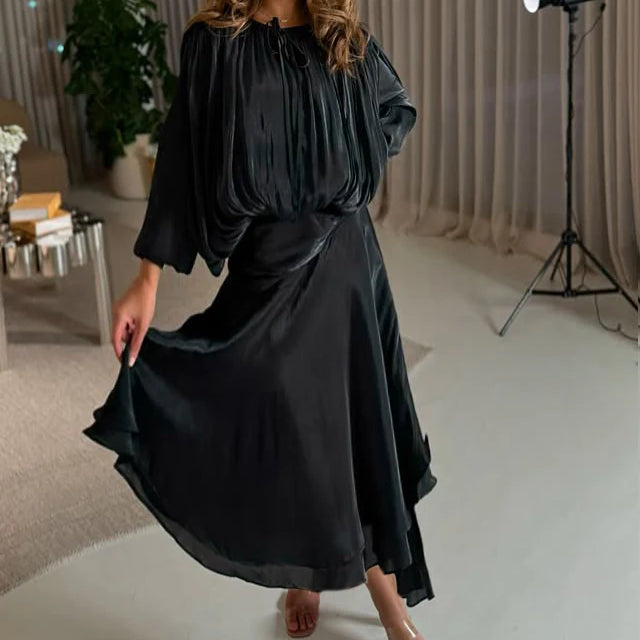 Solid Loose Spliced Folds Elegant Dresses for Women Round Neck Long Sleeves Patchwork Lace Up Dress Female Fashion BLACK