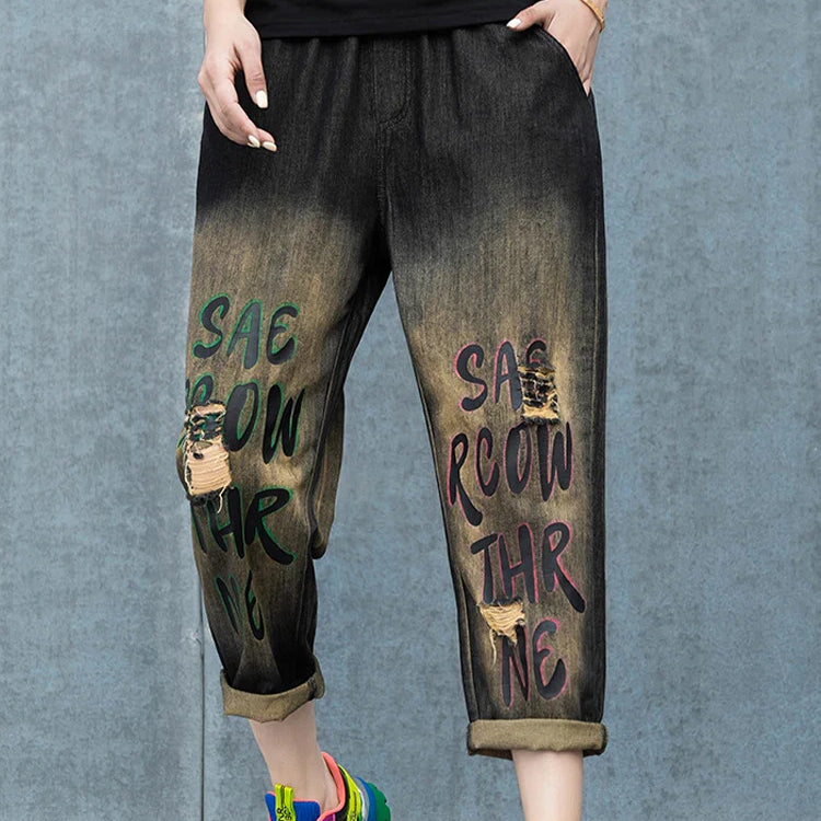 Max LuLu Spring Korean Loose Denim Pants Ladies Printed Classic Casual Elastic Jeans Womens Harajuku Vintage Harem Trousers Black