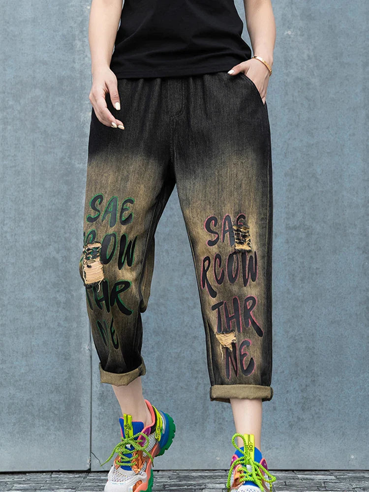 Max LuLu Spring Korean Loose Denim Pants Ladies Printed Classic Casual Elastic Jeans Womens Harajuku Vintage Harem Trousers Black