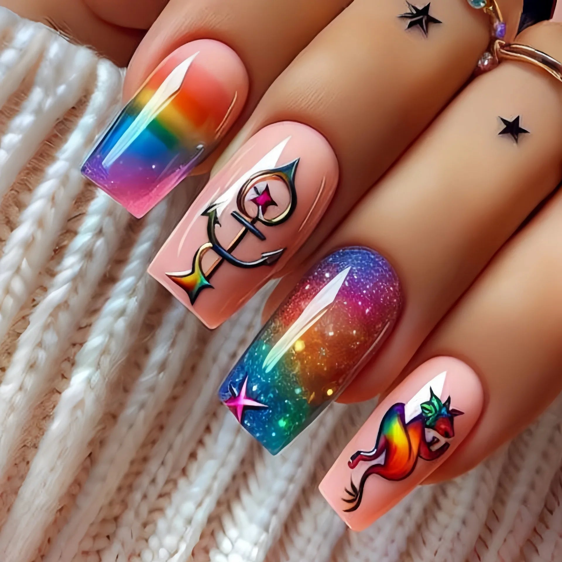 24pcs/set Medium long fake nail tips for women colorful gradient glitter starry design for Spring Summer press on false nail art 1953